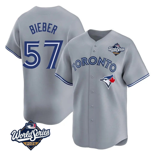 Toronto Blue Jays #57 Shane Bieber Player Gray 2025 World Series All Stitched Baseball Jerseys