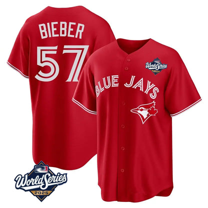 Toronto Blue Jays #57 Shane Bieber Player Red 2025 World Series All Stitched Baseball Jerseys