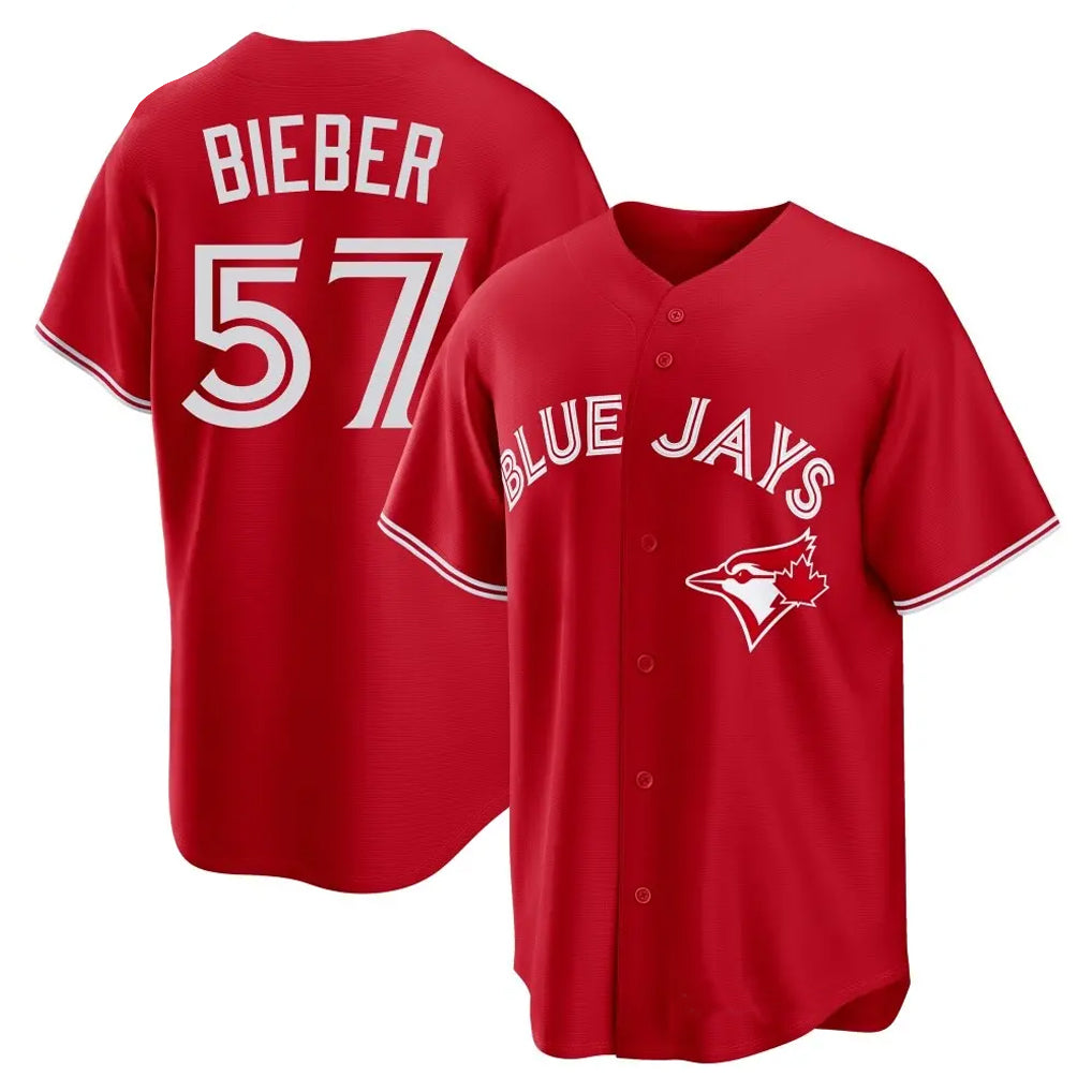 Toronto Blue Jays #57 Shane Bieber Player Red Home Stitched Baseball Jerseys