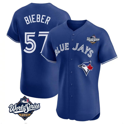 Toronto Blue Jays #57 Shane Bieber Player Royal 2025 World Series Elite All Stitched Baseball Jerseys
