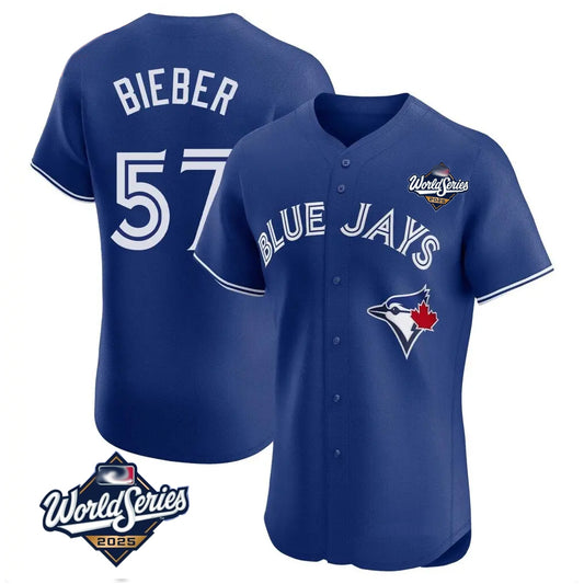 Toronto Blue Jays #57 Shane Bieber Player Royal 2025 World Series Elite All Stitched Baseball Jerseys