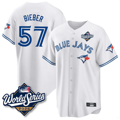 Toronto Blue Jays #57 Shane Bieber Player White 2025 World Series All Stitched Baseball Jerseys