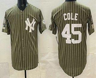 New York Yankees #45 Gerrit Cole Olive RONA Pinstripe 2026 Armed Forces Day Salute To Service Jersey