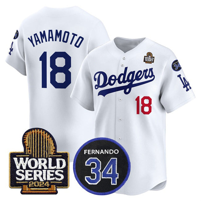 Los Angeles Dodgers #18 Yoshinobu Yamamoto White RONA 2024 World Series With Fernando Memorial Patch Limited Stitched Jersey