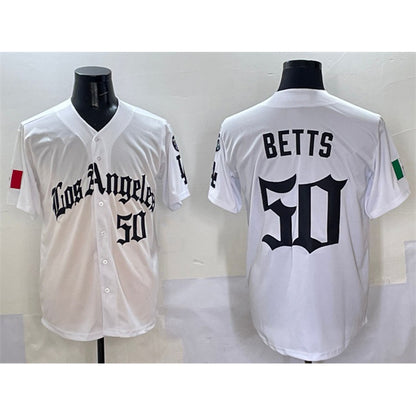 Los Angeles Dodgers #50 Mookie Betts White RONA Mexico 2025 LA Gothic Style With Fernando Patch Vapor Premier Limited Stitched Jersey
