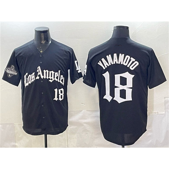 Los Angeles Dodgers #18 Yoshinobu Yamamoto Black RONA LA Gothic Style With 2025 World Series Champions Patch Limited Stitched Jersey