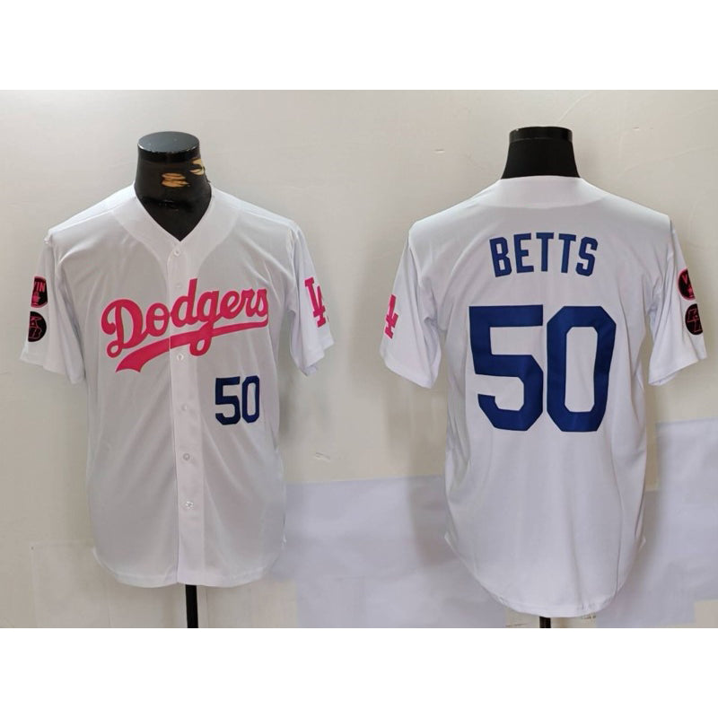Los Angeles Dodgers #50 Mookie Betts White Pink RONA Vin & Kobe Patch Stitched Jerseys