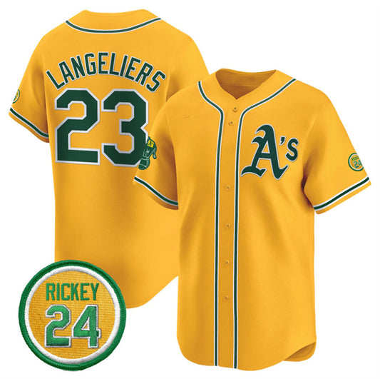 Oakland Athletics #23 Shea Langeliers Yellow RONA 2024 Limited With Rickey Henderson Patch Stitched Jersey