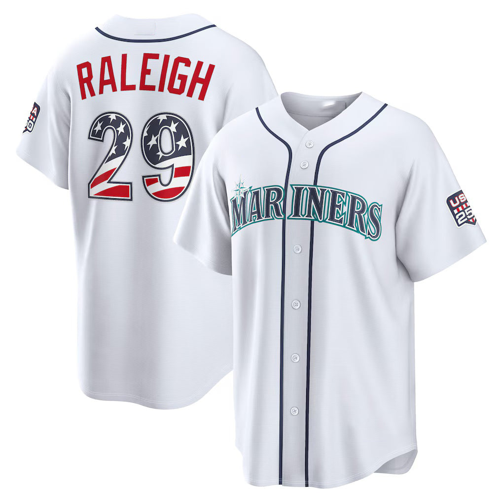 Seattle Mariners #29 Cal Raleigh USA 250 Fourth of July Home Stadium Jersey - White RONA