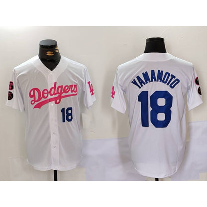 Los Angeles Dodgers #18 Yoshinobu Yamamoto White Pink RONA Vin & Kobe Patch Stitched Jersey 2