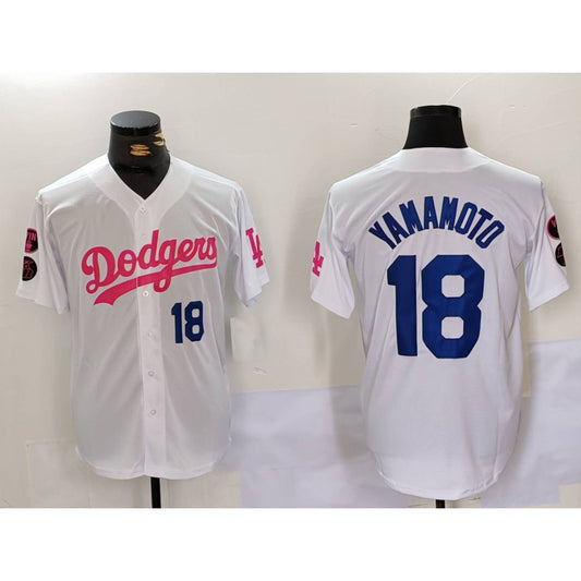 Los Angeles Dodgers #18 Yoshinobu Yamamoto White Pink RONA Vin & Kobe Patch Stitched Jersey 2