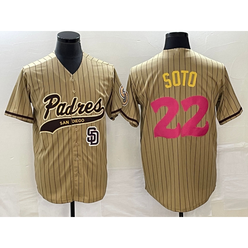 San Diego Padres #22 Juan Soto Tan RONA Pinstripe 2023 City Connect Cool Base Stitched Jersey 2