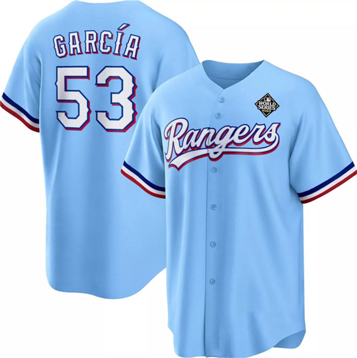 Texas Rangers #53 Adolis Garc¨ªa Blue RONA 2023 World Series Cool Base Stitched Jersey