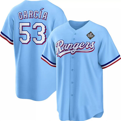 Texas Rangers #53 Adolis Garc¨ªa Blue RONA 2023 World Series Cool Base Stitched Jersey