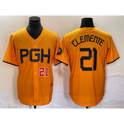Pittsburgh Pirates #21 Roberto Clemente Number Gold RONA 2023 City Connect Stitched Jersey 3