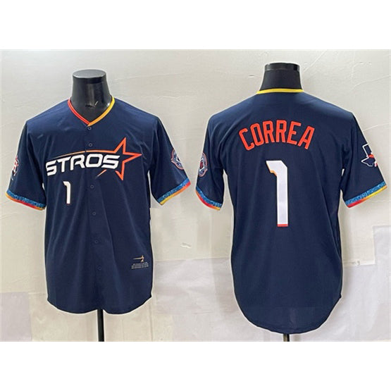 Houston Astros #1 Carlos Correa Navy RONA 2025 City Connect With Texas Patch Limited Stitched Jersey