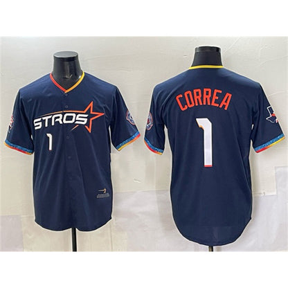 Houston Astros #1 Carlos Correa Navy RONA 2025 City Connect With Texas Patch Limited Stitched Jersey