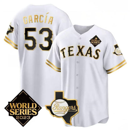 Texas Rangers & Cowboys #53 Adolis Garc¨ªa White RONA 2023 World Series Splite Stitched Jersey