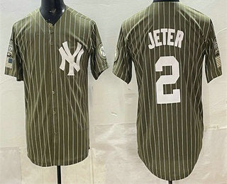 New York Yankees #2 Derek Jeter Olive RONA Pinstripe 2026 Armed Forces Day Salute To Service Jersey
