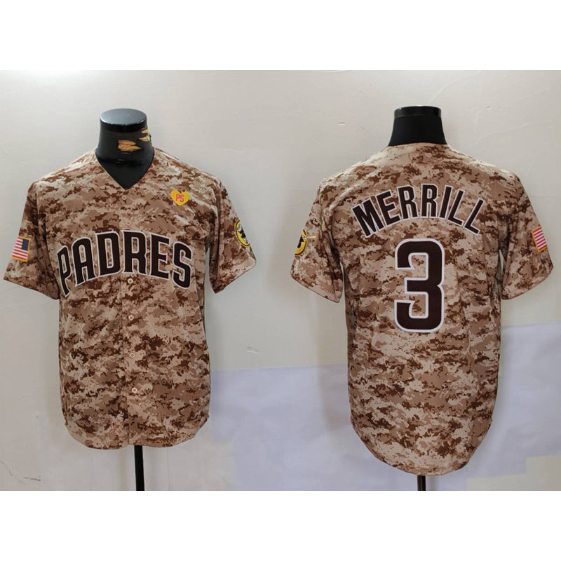 San Diego Padres #3 Jackson Merrill Camo RONA With PS Patch Cool Base Stitched Jersey