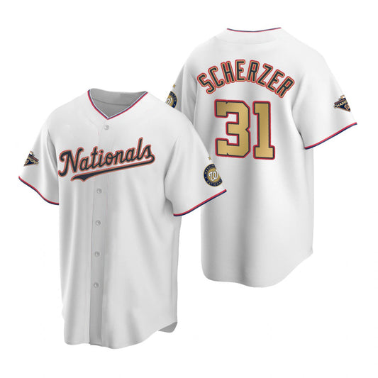 Washington Nationals #31 Max Scherzer White Gold RONA 2019 World Series Champions Stitched Cool Base Jersey