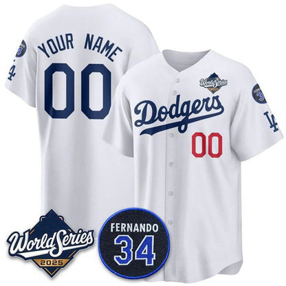 Custom Los Angeles Dodgers ACTIVE PLAYER White RONA 2025 World Series With No. 34 Patch Limited Stitched Jersey
