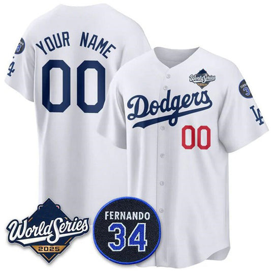 Custom Los Angeles Dodgers ACTIVE PLAYER White RONA 2025 World Series With No. 34 Patch Limited Stitched Jersey