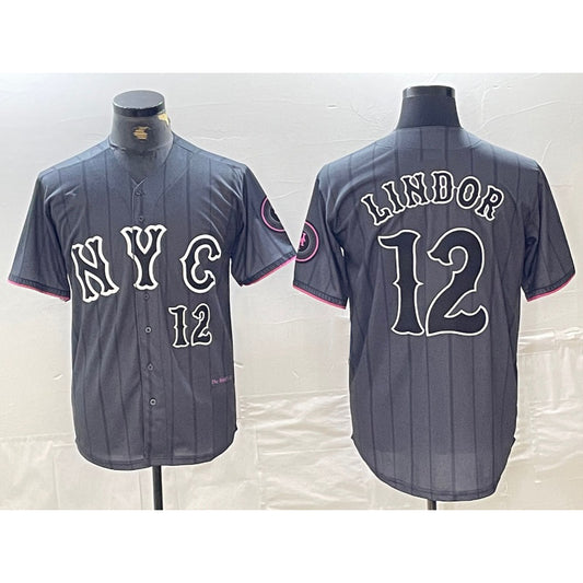New York Mets #12 Francisco Lindor Number Grey RONA 2024 City Connect Cool Base Stitched Jersey 2