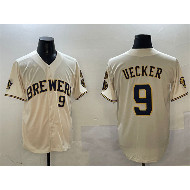 Milwaukee Brewers #9 Bob Uecker Cream RONA With Home Patch Limited Stitched Baseball Jersey
