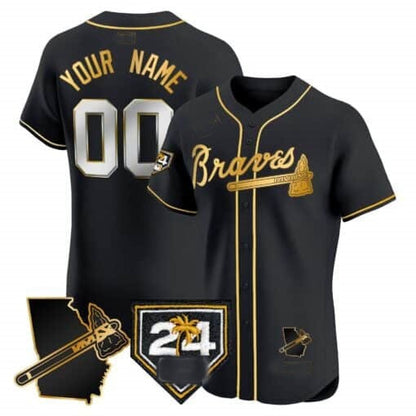 Custom Atlanta Braves 2024 Spring Training & Georgia Patch Vapor Premier Elite Jersey ¨C Black Gold RONA