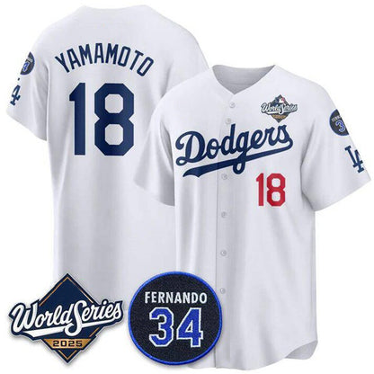 Los Angeles Dodgers #18 Yoshinobu Yamamoto White RONA 2025 World Series With No. 34 Patch Limited Stitched Jersey