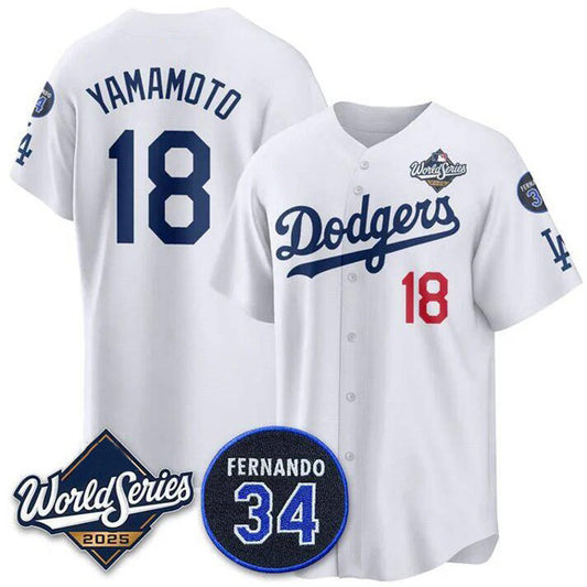 Los Angeles Dodgers #18 Yoshinobu Yamamoto White RONA 2025 World Series With No. 34 Patch Limited Stitched Jersey