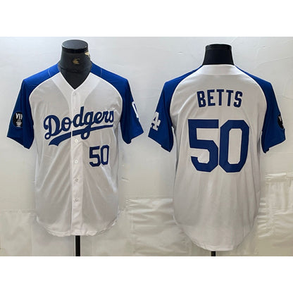 Los Angeles Dodgers #50 Mookie Betts Number White Blue RONA Fashion Stitched Cool Base Limited Jersey 2
