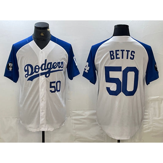 Los Angeles Dodgers #50 Mookie Betts Number White Blue RONA Fashion Stitched Cool Base Limited Jersey 2