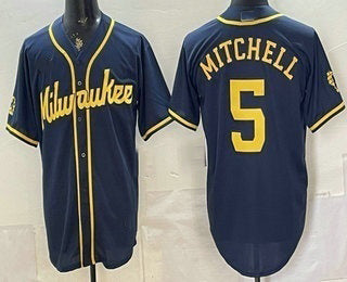 Milwaukee Brewers #5 Garrett Mitchell Navy Blue RONA Stitched Cool Base Jersey