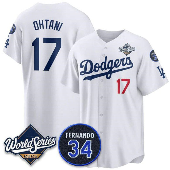Los Angeles Dodgers #17 Shohei Ohtani White RONA 2025 World Series With No. 34 Patch Limited Stitched Jersey