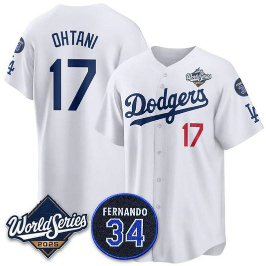 Los Angeles Dodgers #17 Shohei Ohtani White RONA 2025 World Series With No. 34 Patch Limited Stitched Jersey