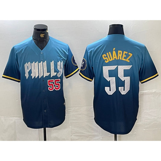Philadelphia Phillies #55 Ranger Suarez Blue RONA 2024 City Player Number Cool Base Jerseys