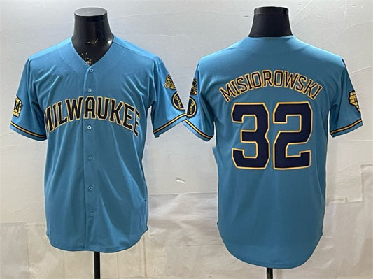 Milwaukee Brewers #32 Jacob Misiorowski Blue RONA With Home & Bob Uecker Patch Stitched Jersey