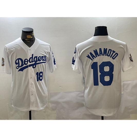 Los Angeles Dodgers #18 Yoshinobu Yamamoto White RONA 2024 World Series With Fernando Memorial Patch Home Limited Stitched Jersey 2