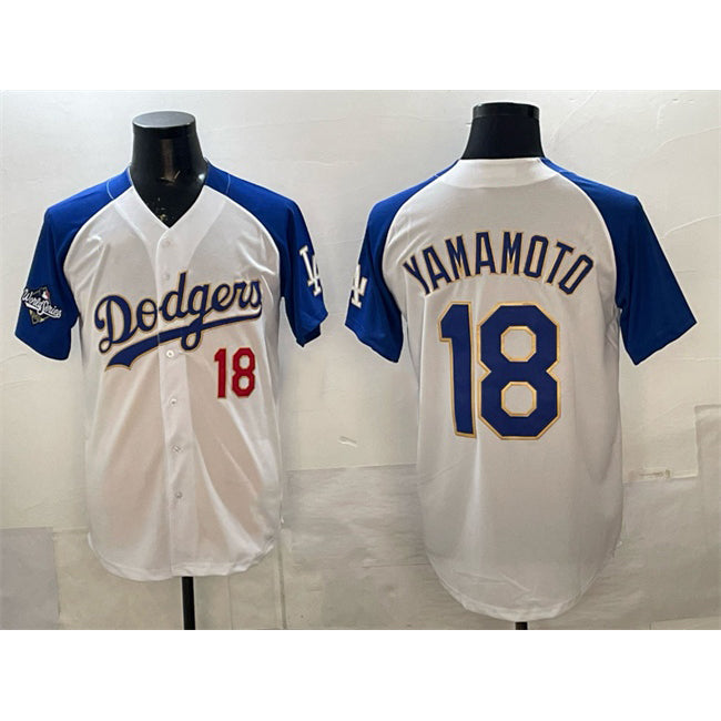 Los Angeles Dodgers #18 Yoshinobu Yamamoto White Royal RONA 2025 World Series Patch Limited Stitched Jersey