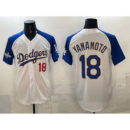 Los Angeles Dodgers #18 Yoshinobu Yamamoto White Royal RONA 2025 World Series Patch Limited Stitched Jersey