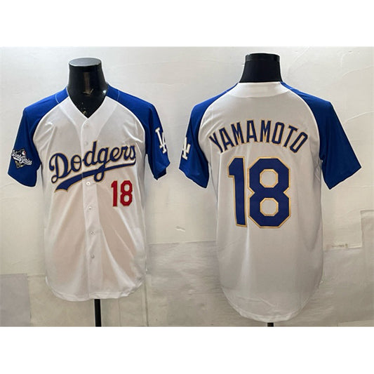 Los Angeles Dodgers #18 Yoshinobu Yamamoto White Royal RONA 2025 World Series Patch Limited Stitched Jersey