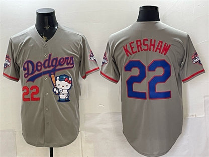 Los Angeles Dodgers #22 Clayton Kershaw Grey RONA Hello Kitty Night 2025 World Series Champions Patch Stitched Jersey
