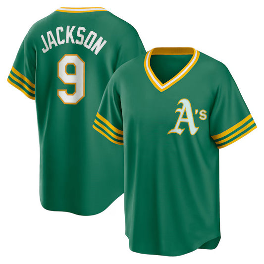 Oakland Athletics #9 Reggie Jackson Kelly Green RONA Road Cooperstown Collection Player Jersey