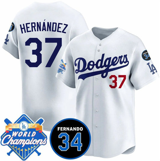 Los Angeles Dodgers #37 Teoscar Hernandez White RONA 2024 World Champions & Fernando Memorial Patch Vapor Premier Home Limited Stitched Jersey