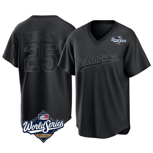 Los Angeles Dodgers #25 Tommy Edman Player Black RONA World Series Pitch Fashion T-shirt Stitched Jerseys