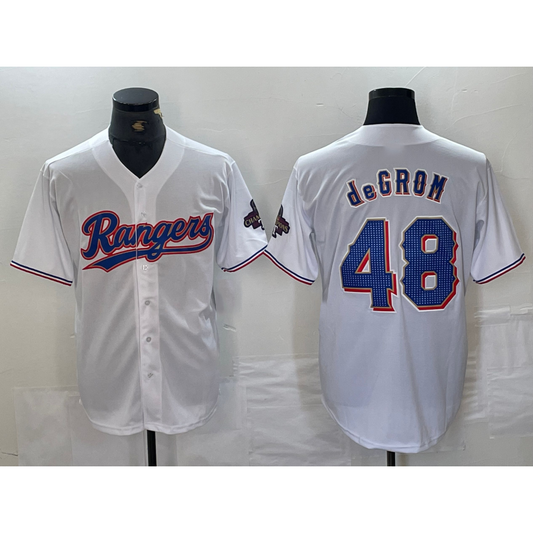 Texas Rangers #48 Jacob deGrom White RONA 2024 Gold Collection Limited Cool Base Jersey