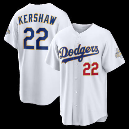 Los Angeles Dodgers #22 Clayton Kershaw White RONA 2026 Gold Collection Stadium Jersey