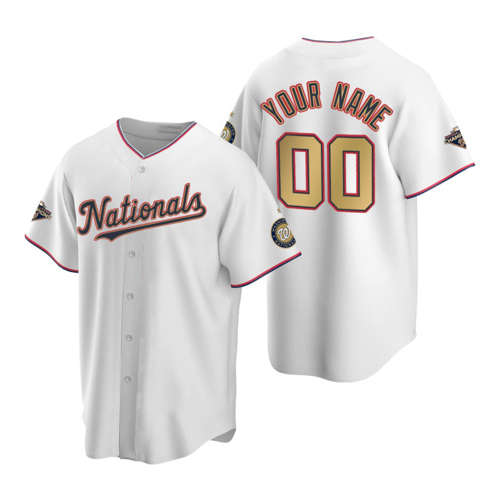 Custom Washington Nationals White Gold RONA 2019 World Series Champions Stitched Cool Base Jersey